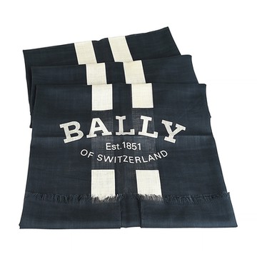 BALLY白字LOGO白條紋設計純棉圍巾(午夜藍)