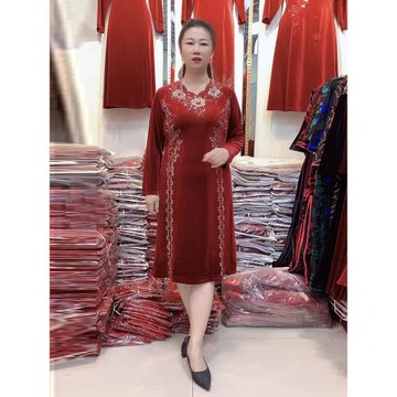 婚宴晚禮服秋冬新款絲絨重工手工串珠燙鉆喜婆婆喜媽媽改良旗袍裙