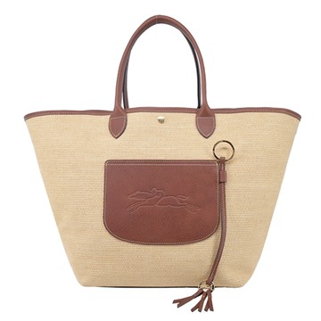 LONGCHAMP LE PANIER PLIAGE系列前口袋編織提籃包(大/棕)