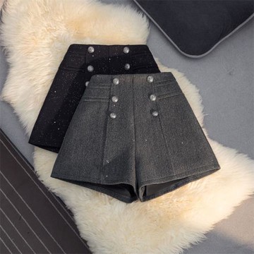 小香風亮閃閃短褲女2024秋冬新款毛呢高腰顯瘦a字闊腿褲亮片靴褲