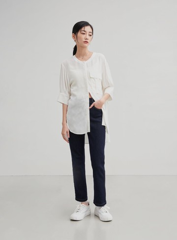 長版織紋寬袖口上衣