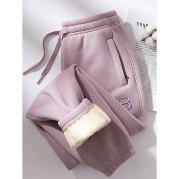 (免運)紫色加絨衛褲女冬季2025新款秋冬加厚休閑運動褲女拉鏈保暖褲子女