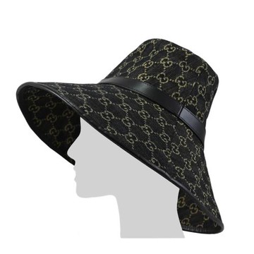 GUCCI 679455 緹花LOGO摩登寬帽沿遮陽漁夫帽.黑邊