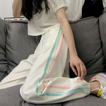 【顯瘦百搭】白色運動褲女 寬鬆束腳 夏季薄款 2021新款 顯瘦百搭 闊腿褲 休閒衛褲 潮 運動褲 闊腿褲