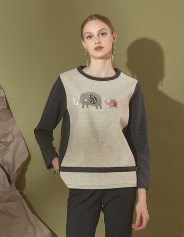 ★【喜芝梅】親子相伴 撞色大象主題圖案長袖上衣(三色；F) 224996633