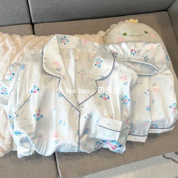 卡通丑魚睡衣女款夏季冰絲短袖短褲套裝可愛開衫薄款可外穿家居服