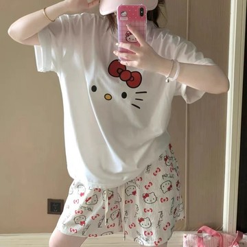 kitty睡衣 短袖短褲套裝🎀 凱蒂貓印花睡衣夏季短袖短褲外穿家居服套裝 居家服 kittyT恤 上衣 圓領短袖 大尺碼