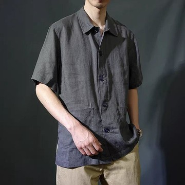 男士夏季純亞麻方領短袖襯衫大口袋休閒寬鬆復古外穿透氣半袖襯衣