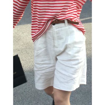 白色亞麻五分褲女夏季薄款大碼胖mm高腰顯瘦氣質老錢風直筒休閑褲