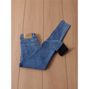 藍色牛仔褲女加絨2025冬季新款復古藍高腰顯瘦加厚保暖緊身小腳褲