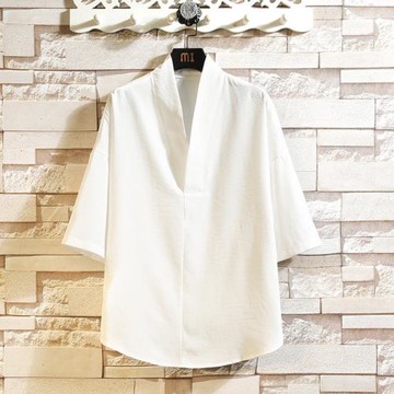 冰絲短袖t恤男V領體恤夏季薄款中國風大碼寬松白色上衣涼快半截袖