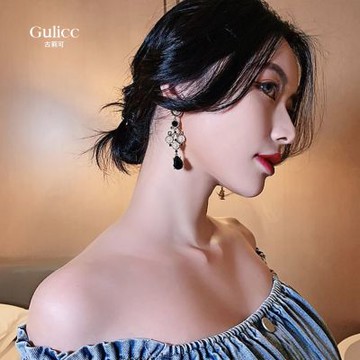 Gulicc 宮廷 黑水滴 耳環(飾品 耳飾 耳釘 耳環 耳墜 禮物 雙11 聖誕節)