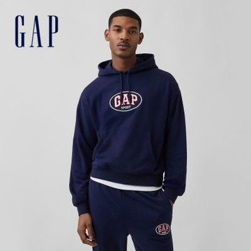 【GAP】VintageSoft毛圈布寬版Gap Logo 短版連帽運動衫-制服深藍(887935)