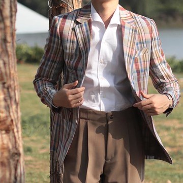 [兩色]英倫雅痞紳士亞麻修身春夏格子條紋輕奢度假風特色西裝外套