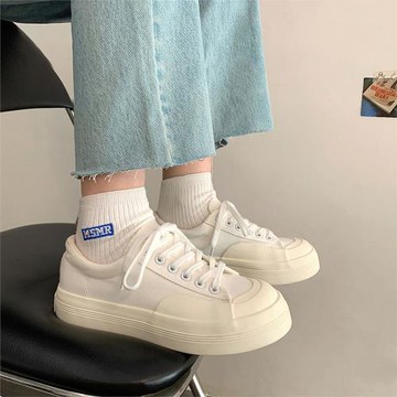 厚底大頭帆布鞋女2025春季ins小眾設計感增高休閑日系小白鞋板鞋