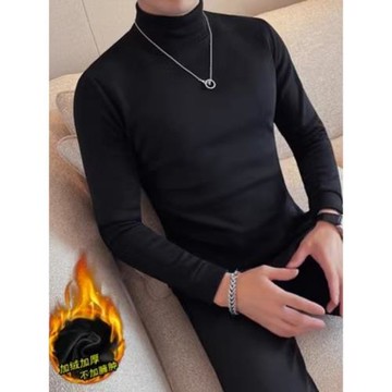 半高領t恤男長袖冬季加絨加厚保暖打底衫修身中領彈力體恤上衣帥