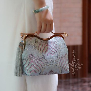 復古織錦手提單肩斜跨中式民族風手工口金宴會國風包 愿為蓮原創