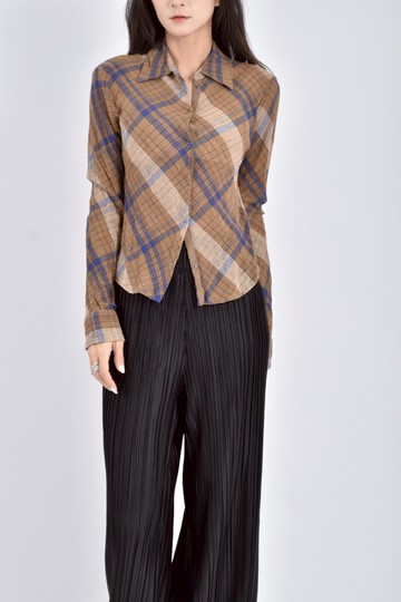 (S) mng質感棉質格紋棕色襯衫上衣