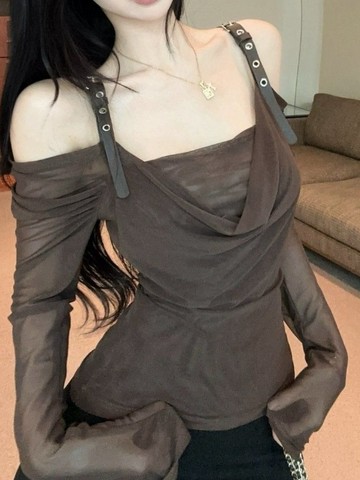 大尺碼蕩領長袖 美式辣妹打底上衣 露肩長袖 一字肩網紗T恤 顯瘦百搭 辣妹長袖 露肩打底衫 大碼性感長袖 女T恤
