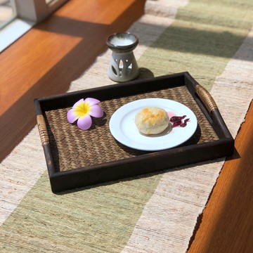 泰式藤編茶盤木質長方形客廳水杯茶壺收納盤子復古美容院花盆托盤