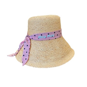 MIUMIU 粉色緞帶字母LOGO千金名媛風草編帽