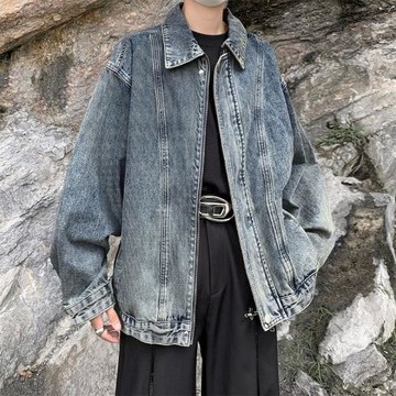 美式復古拉鏈設計感牛仔外套男士春秋季高街潮流大碼寬松工裝夾克