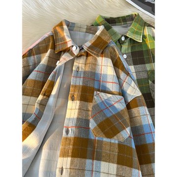 拼色格子襯衫男長袖2026新款春秋季大碼潮流美式復古寬松休閑襯衣