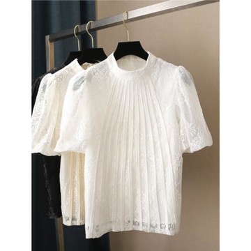 性感甜美半高領套頭短袖女士上衣蕾絲鉤花鏤空通勤純色泡泡袖外穿