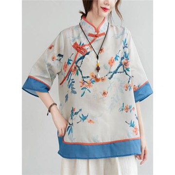 春夏中國民族風七分袖印花苧麻襯衫大碼寬松中式盤扣立領棉麻襯衣