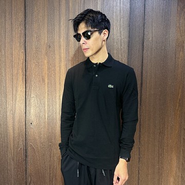 美國百分百【全新真品】Lacoste POLO衫 長袖 男款 休閒 素面 鱷魚 網眼 logo 上衣 黑色 CE00