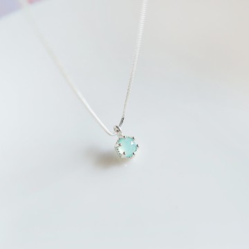 925純銀 海藍寶石 圓形鑽面 細蛇鍊 項鍊 鎖骨鍊 免費送禮包裝