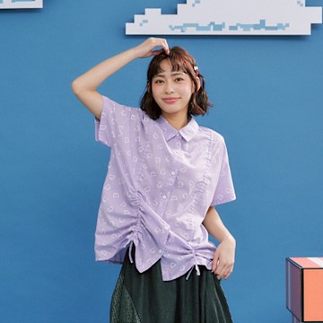 【Dailo】可愛貓咪抽繩穿搭變化短袖襯衫 藍 白 紫