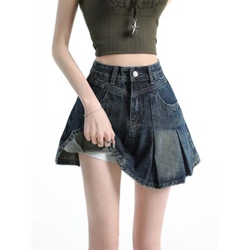 復古藍水洗百褶半身裙女2026新款辣妹防走光a字高腰顯瘦牛仔短裙