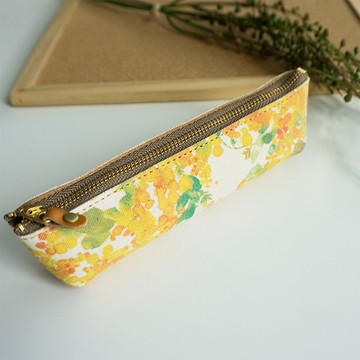 筆袋 【 水彩風 含羞草 】 真皮 皮革 帆布 筆盒 輕巧 GB01K