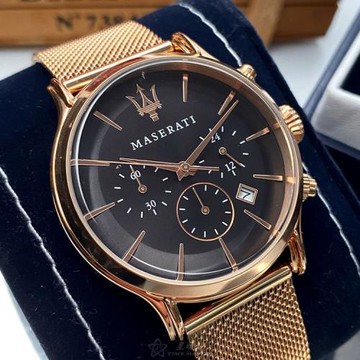 MASERATI手錶, 男女通用錶 42mm 玫瑰金圓形精鋼錶殼 黑色三眼, 時分秒中三針顯示錶面款 R8873618005