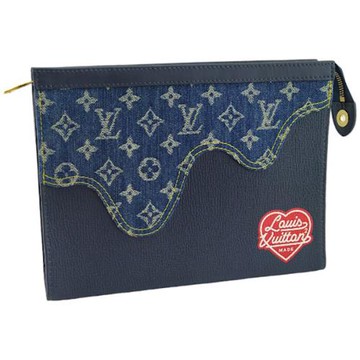 九成新限量款！LV 海軍藍色皮革拼接牛仔Monogram與愛心布標手拿包