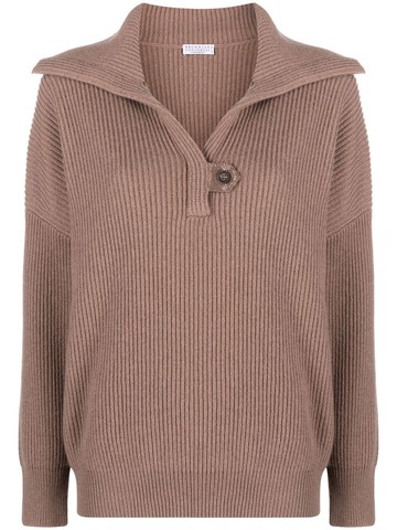 Brunello Cucinelli - cashmere polo shirt - women - Cashmere/Acetate/Eco Brass/Silk - XS - Brown
