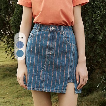 OUWEY歐薇 單邊切口緹織牛仔短裙(兩色；S-L)3242228202