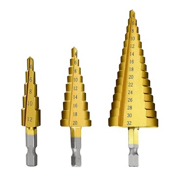 AHOYE 鍍鈦階梯鑽頭3件組 石材/水泥/木頭適用 4~32mm  1組