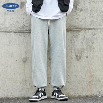 美式抽繩束腳衛褲男秋冬高街闊腿褲直筒灰色運動褲垂感休閑褲子男
