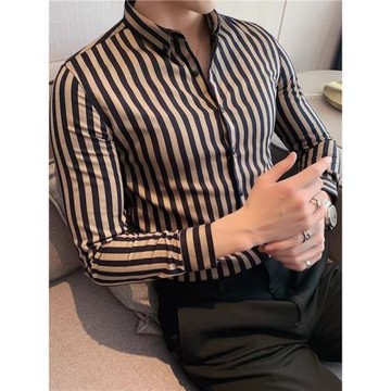 時尚痞帥粗條紋長袖襯衫男士英倫復古風休閑卡其色襯衣男韓版修身