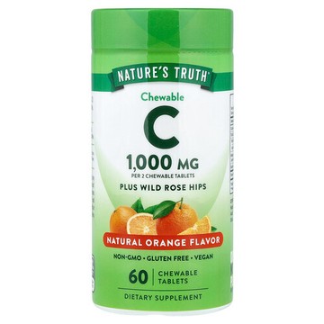 Nature's Truth, 維生素 C + 野生玫瑰果，天然橙味，1000 毫克，60 片咀嚼片（每片 500 毫克）