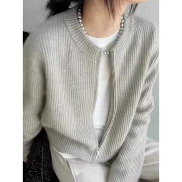 100%美麗諾羊毛開衫女秋冬拉鏈針織衫慵懶風灰色歐貨羊絨毛衣外套