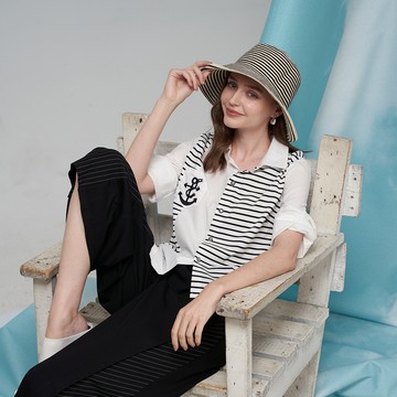 CLL巧玲瓏 船錨刺繡條紋拼接襯衫上衣 7363106