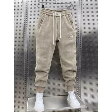 秋冬燈芯絨潮流百搭加絨休閑褲男士寬松束腳時尚燙印條絨運動衛褲