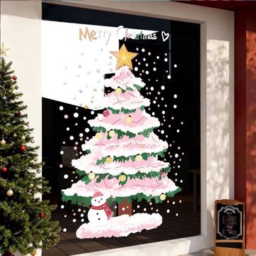 2026新年圣誕節裝飾玻璃貼紙粉色雪花圣誕樹靜電貼窗貼窗花門貼畫