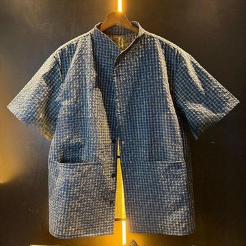 時尚立領藍色格子短袖男士襯衫潮流夏季寬鬆休閒小衆設計感男襯衣素面 寬短 boxy 寬短T 短版T 寬短素T 寬鬆 落肩