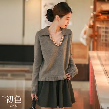 初色 休閒簡約軟糯寬鬆重工POLO領長袖針織上衣女上衣-灰色-17474(F可選)