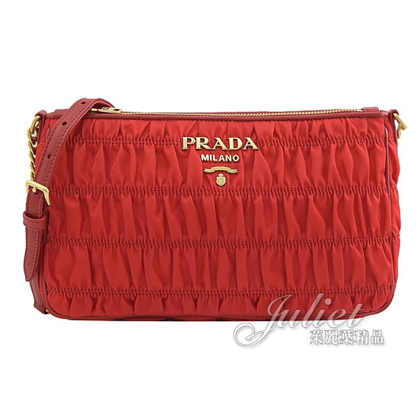 茱麗葉精品【全新現貨】PRADA 1BH152 經典LOGO皺褶尼龍皮飾邊斜背鍊包.紅