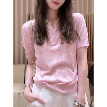 (免運)含奇軒松弛感休閑粉色冰絲針織短袖T恤2025夏季新款正肩顯瘦上衣